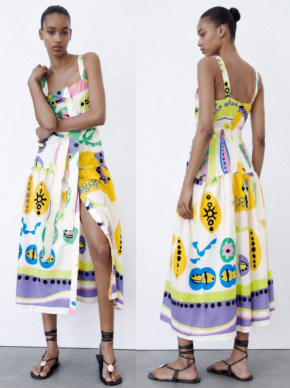 Zara Blogger Favorite Multicolor Printed Cotton Midi Dress Size S